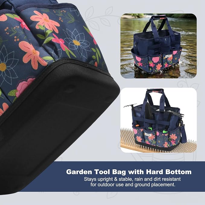 Garden Tool Bag with Hard Bottom, Multi-Pockets Gardening Tote with Shoulder Strap, for Women Outdoor Yard Plant Work Gift (Tools Not Included) (Blue Floral)