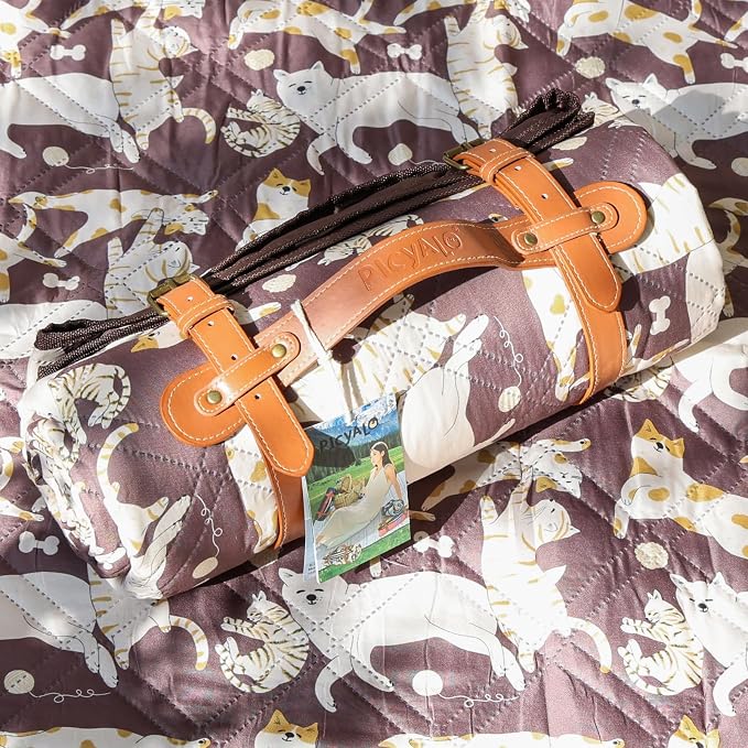 Double Thickened Picnic Blanket, 80x80 Inches, White Fish Pattern, Cotton Filled, Portable Foldable with Leather Carry Strap, Beach and Camping