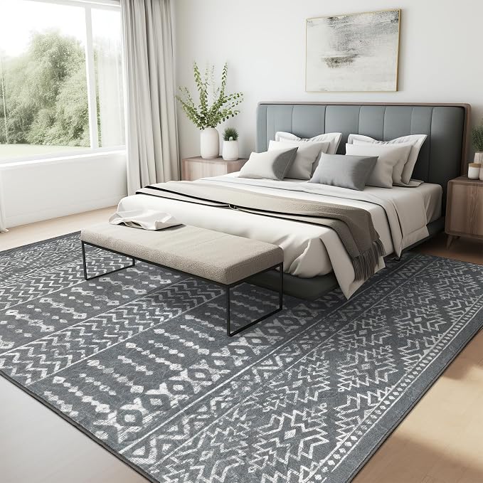 Art&Tuft 6x9 Area Rugs for Living Room, Large Washable Rug Non Slip, Grey | Low Pile, Soft & Lighweight, Folable, Stain Resistant Indoor Moroccan Carpet for Bedroom, Kitchen, Dining Room, Home Office