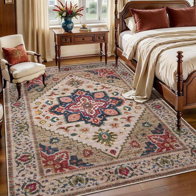 Tangsoo Vintage 3x5 Rugs, Washable Non Slip Accent Rugs for Entryway Beige | Farmhouse Print Indoor Carpet, Oriental Soft Low Pile 3x5 Area Rug for Living Room Dorm Bedroom Bedside Bathroom Entrance