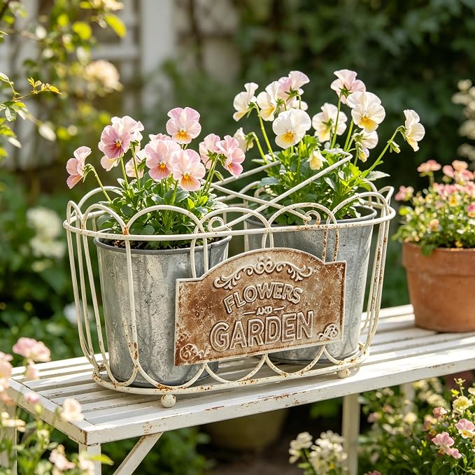 Vintage 2-Piece Metal Planter Set, Distressed White Iron Wire Basket with Flowers Garden Sign, Rustic Farmhouse Plant Pots for Tabletop, Window Sill & Balcony Decor