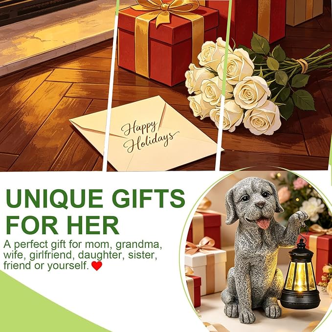 Dog Statue Garden with Solar Lantern - Ideal Gifts for Outdoor Patio, Figurine for Dogs – Gift for Mom, Grandma, Dog Lovers,Birthdays Housewarming Present