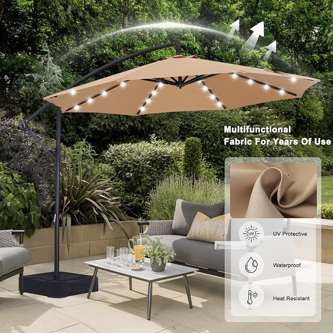 ABCCANOPY 10 FT LED Patio Umbrellas Cantilever Umbrella with base, 360° Rotation Outdoor Lighted Offset Umbrella Bonus Fix Frame & Weights Bag for Backyard, Deck, Poolside (Khaki)