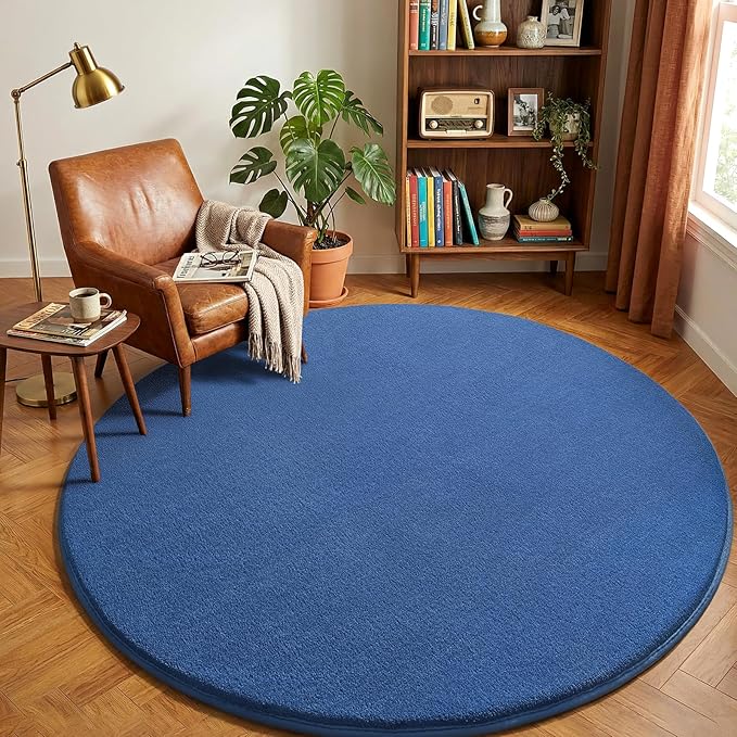 Amearea Blue Round Area Rug 4ft Washable Circle Rug for Bedroom Living Room | Fluffy Indoor Thickened Memory Foam Rugs, Non Slip Minimalist Circular Carpet for Kids Boys Girls Dorm Nursery Room Decor
