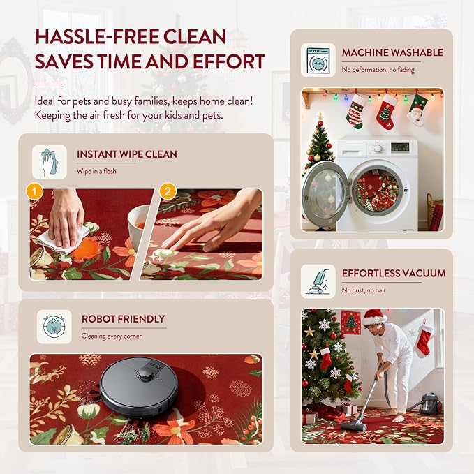 Lahome Floral Christmas Rugs for Living Room, 5x7 Christmas Area Rug for Bedroom Large Washable Carpet, Soft Stain Resistance Xmas Tree Carpets for Under Table Dining Room, Red