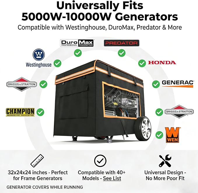Generator Covers While Running Waterproof, 32"L x 24"W x 24"H Heavy Duty Generator Covers for Outside, Compatible with 5000W-10000W Generator, Overall Protection for Generator, Black
