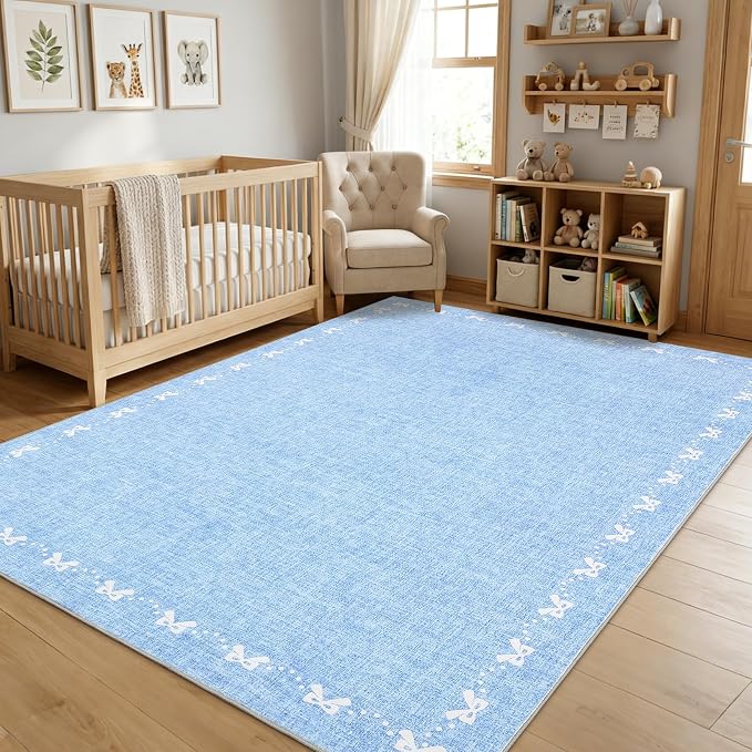COZYLOOM 9x12 Bow Rug for Bedroom, Large Printed Nursery Rug with Non Slip Backing, Stain Resistant Non Shedding Modern Farmhouse Rugs Low Pile Soft Bordered Carpet for Bedroom, Dining Room, Blue