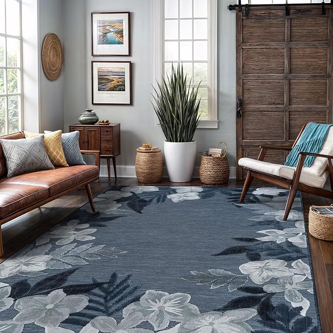 Outdoor Rug 5x7 Washable Area Rugs Indoor Outdoor Carpets Navy Border Floral Non Shedding Waterproof Easy Clean Patio Deck Porch Living Room Bedroom Garden RV (5 X 7 Navy)