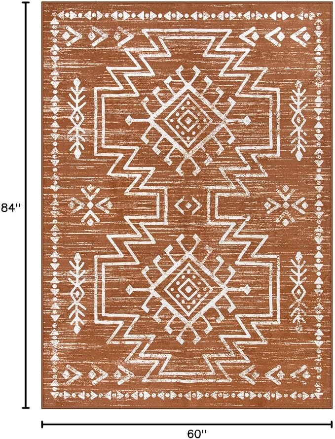 Lahome Vivienne 5x7 Boho Rugs for Living Room, Washable Bedroom Western Area Rug, Low Pile Soft Burnt Orange Carpet, Stain Resistant Distressed Fall Rug Aztec Carpets for Dining Room