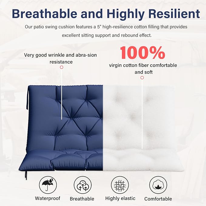 Porch Swing Cushion with Backrest,Waterproof Bench Cushion for Outdoor Furniture,2-3 Seater Replacement Thickened 5 in swing cushion,with Ties,Patio,Outdoor,Backyard and Garden (Blue,40x40 in)