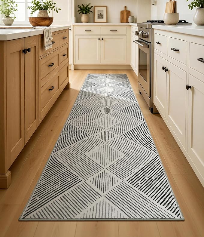 2‘x8' Non-Slip Black and White Geometric Runner Rug for Hallway | Washable, Low Pile, Stain Resistant, Modern Stripe Long Rug for Kitchen Entryway Bedroom