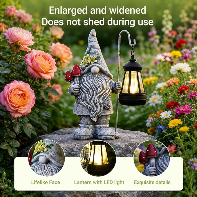 Garden Gnome with Solar Lantern: Outdoor Weatherproof Statue | Home Yard Lawn Porch Balcony Patio Decor,Birthday Gifts for Mom Women Grandma