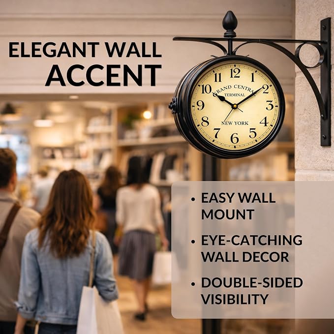 Double Face Wall Clock Black – Small Vintage Wall Clock Double Sided 360 Degree Rotate Antique for Outdoor Indoor Decorative Office Kitchen Living Room
