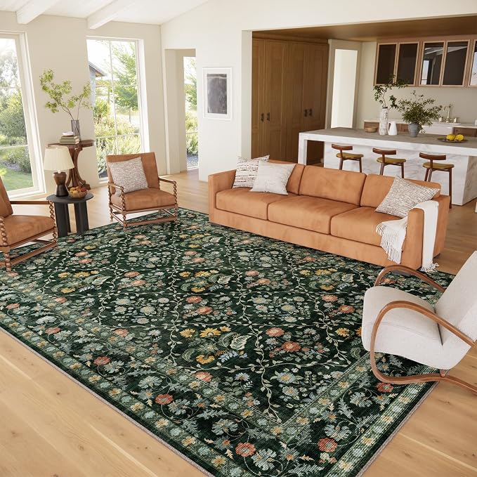 Vintage Botanical Dark Green Area Rug 9x12 Elegant Floral Pattern, Durable Stain-Resistant Fabric, Perfect for Living Room, Bedroom, Dining Room Decor