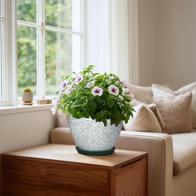 Ceramic Flower Pot, 8 Inch, Crackle Green | Round, Drainage Hole and Saucer, Indoor Outdoor, Modern Decorative