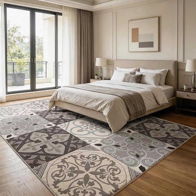 Washable Geometric Moroccan Area Rug 8x10, Non-Slip Low-Pile Stain Resistant Modern Indoor Carpet for Living Room Dining Room Bedroom Office, Grey Brown