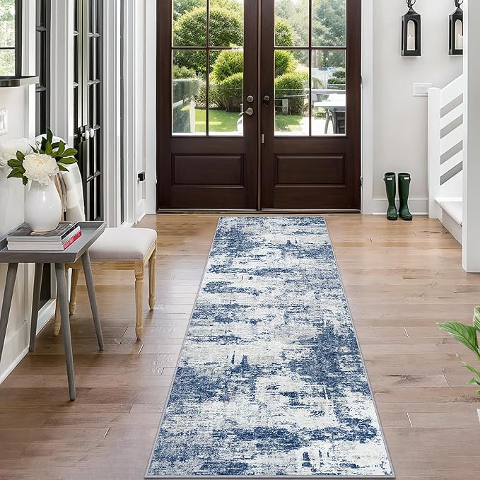 Tosuoka 2'6''x8' Area Rugs for Living Room Abstract Washable Gray Blue Rug | With Anti-Slip Backing，Non-Shedding，Stain-Resistant，Soft Modern Large Carpet for Bedroom Dining Room Farmhouse Nursery