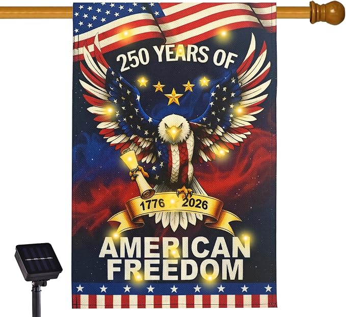 Lighted 250th Anniversary USA Garden Flag for Outside, Solar Led Double-sided Patriotic Banner with 1776-2026 250 Years of American Freedom Design for Independence Day, July 4th Decor (LED USA Eagle, 28 x 40 Inch)