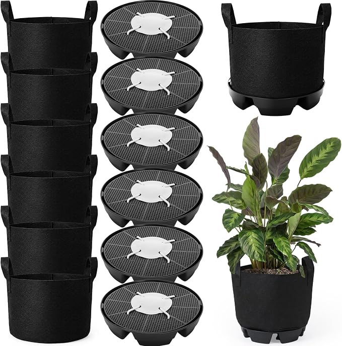 Jingmore 6 Set 5 Gallon Grow Bag Self Watering Fabric Pot Base Automatic Watering System Plant Nonwoven Grow Bag Handle Plant Saucer Elevate Flower Tray for Garden Indoor Outdoor Greenhouse (Black)