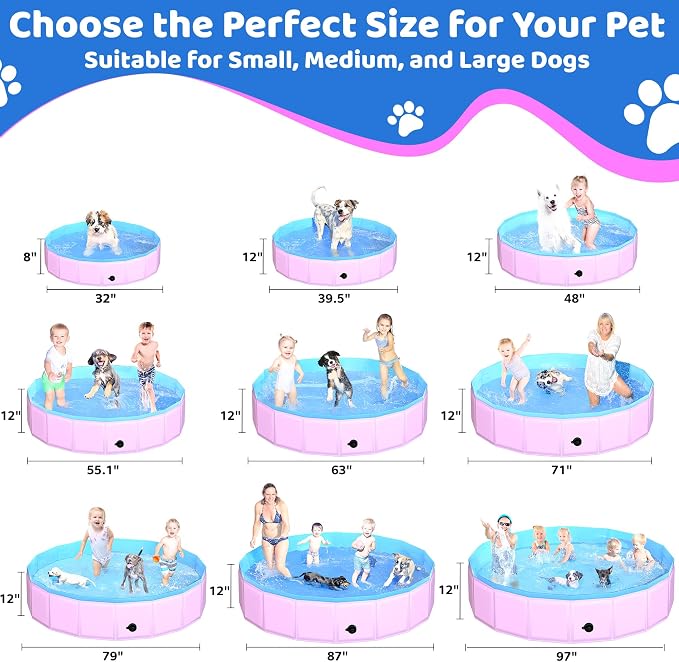 CACSPS 2025 Updated Foldable Dog Pool, 47" x 12" Kiddie Pool with Hard Plastic, Non-Slip Dog Bath Tub for Outdoor Backyard, Collapsible Dog Swimming Pool for Kids Dogs Pets (Pink)