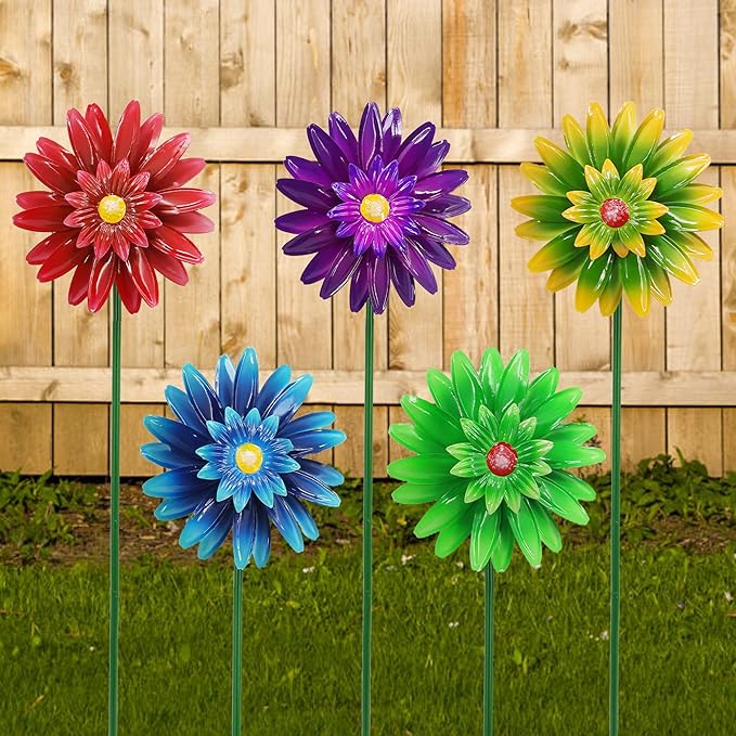 Metal Flower Wind Spinner Garden Stake Yard Art, Lawn Windmill Ornaments | WEIBEFEE; 5 Pieces;Lawn Ornament; 27 Inch Windmill Outdoor; Fade-resistant; Great gift choice; Decoration Gift