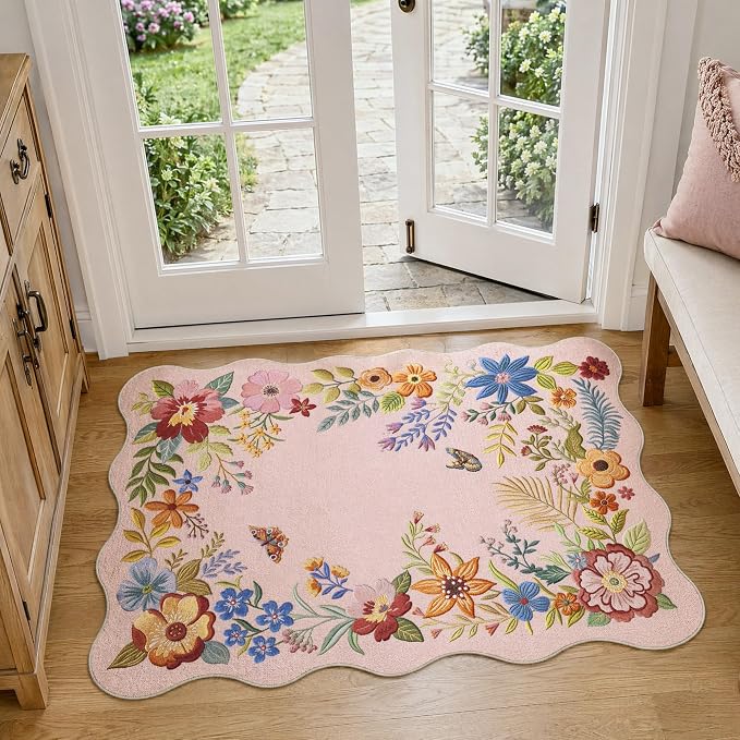 FMFUNCTEX 2x3 Washable Floral Vintage Scalloped Boho Flower Entryway Rug | Soft Colorful Traditional Door Mat Non Slip Low Pile Indoor Small Throw Rugs Entry Way Entrance Kitchen Laundry Doorway