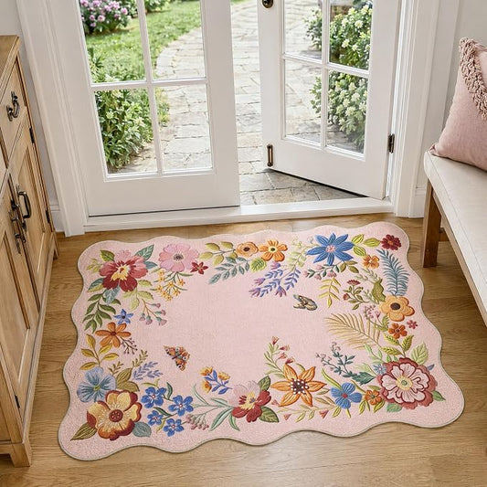 FMFUNCTEX 2x3 Washable Floral Vintage Scalloped Boho Flower Entryway Rug | Soft Colorful Traditional Door Mat Non Slip Low Pile Indoor Small Throw Rugs Entry Way Entrance Kitchen Laundry Doorway