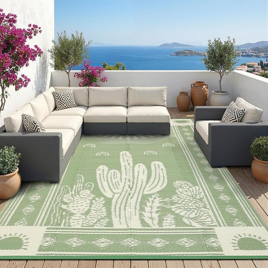 Garvee Reversible Cactus Outdoor Rug 8x10 for Patio, Waterproof Outdoor Area Rug, Modern Desert Botanical Indoor Outdoor Rugs, Plastic Straw Rug for RV, Camping, Deck, Sage Green & Beige