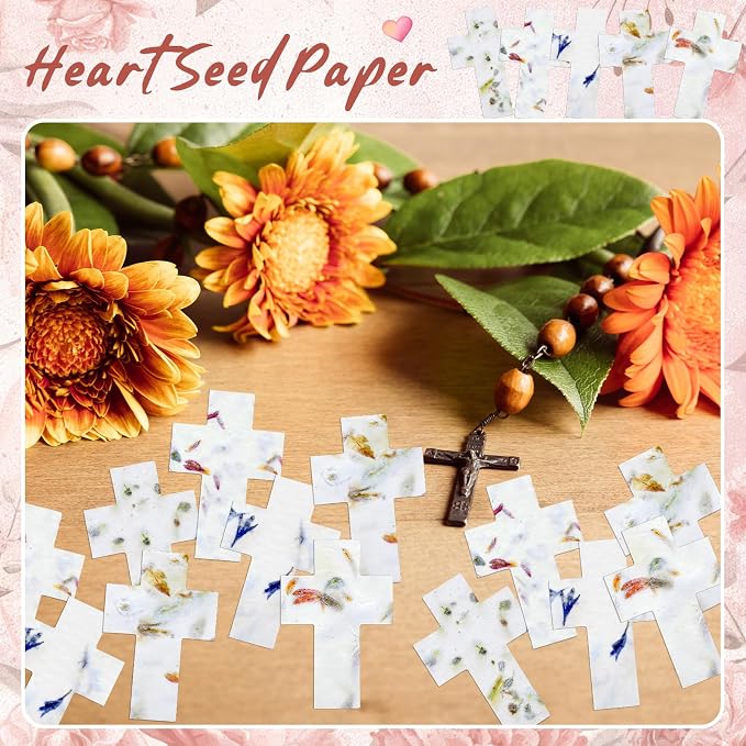 Dunzoom 50 Pcs Handmade Seed Paper Plantable Wildflower Seed Paper Recycled Flower Petals Tags Wedding Favors for Guests Craft Gifts Cards for Envelope Birthday Party, 5 Styles (Cross)