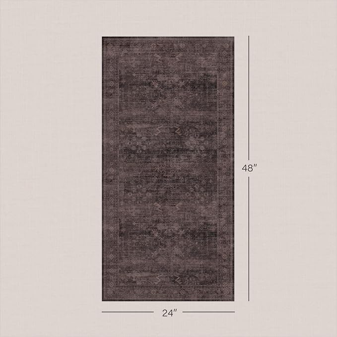 Washable 2x4 Entry Rug for Entryway, Bathroom & Kitchen, Dark Taupe Brown Low Pile Non-Slip Front Door Mat, Vintage Farmhouse Distressed Geometric Accent Rug, Stain Resistant, Easy to Clean