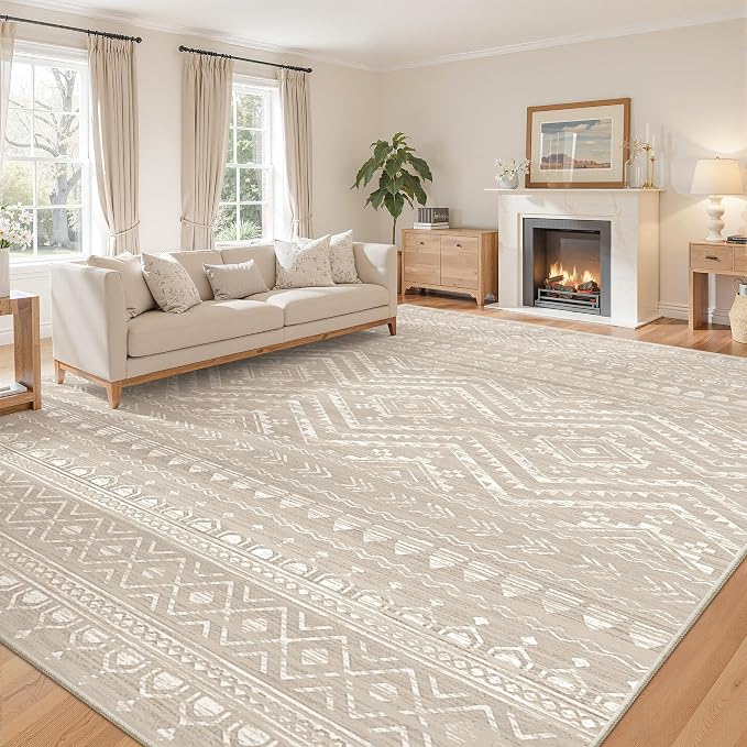 Miukiki 8x10 Area Rug for Living Room, Washable Soft Non Slip Rug Brown | Moroccan Large Indoor Rug for Kitchen Bedroom Dining Room Office, Low Pile Soft Floor Carpet Home Decor 8'x10'