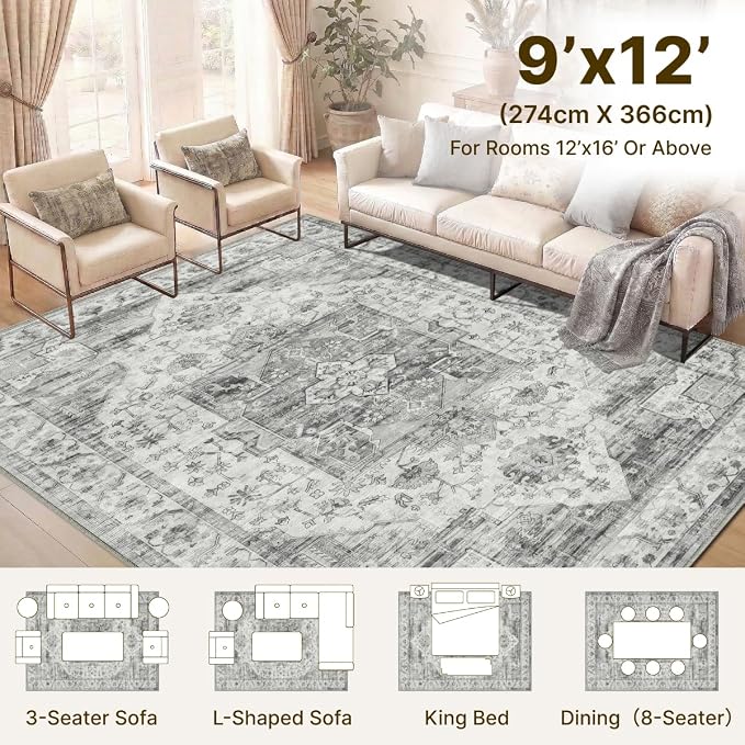 9x12 Area Rugs Washable Large Vintage Rug for Living Room Bedroom | Farmhouse Boho Floral Neutral Washable Stain Resistant Indoor Carpet for Bedroom Office and Home Decor (Black&Grey)