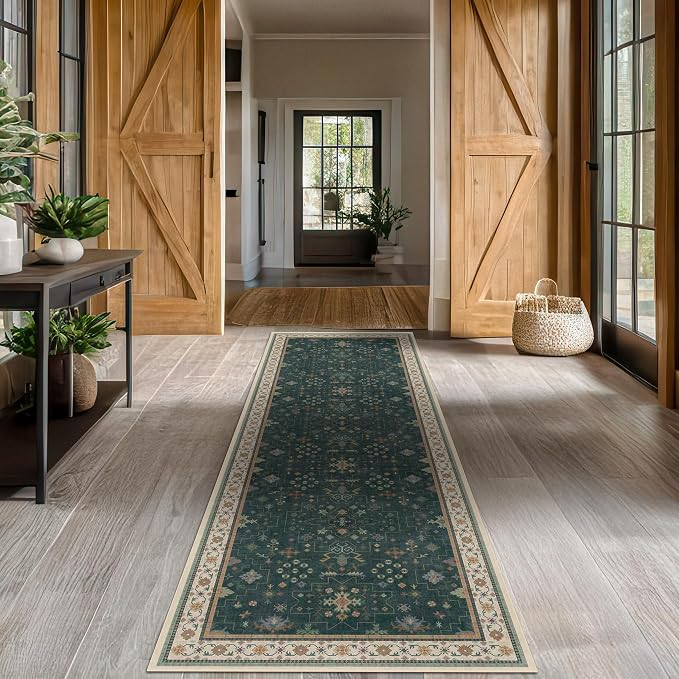 Dark Green Hallway Runner Rug 12 ft Long - Modern Vintage Boho Eclectic Floral with Brown Accent, Washable Low Pile Non-Slip Extra Long Wide Runner Rugs for Kitchen, 3x12