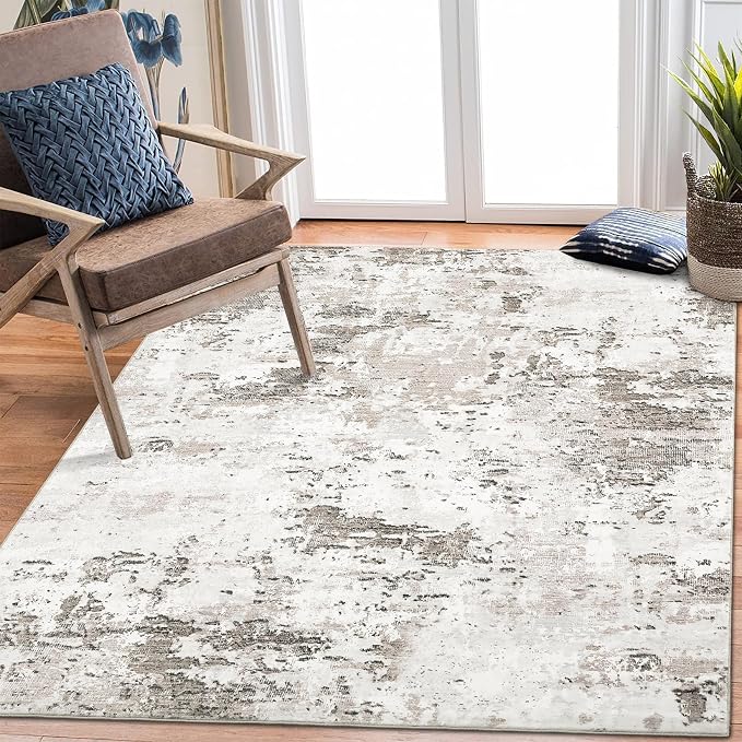 ROYHOME 6x9 Modern Abstract Area Rug for Bedroom Living Room, Taupe/Beige | Non Slip Non Shedding Rug Low Pile Stain Resistant Machine Washable Rug Soft Carpet