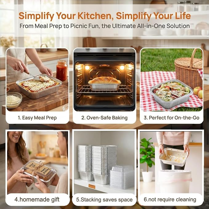 Gyeruni 50 Pack Disposable Aluminum Loaf Pans with Lids and Stickers Kit, 6" X 4.7" X 2" Small Tin Foil Loaf Pans Foil Baking Tins Trays for Food Containers/Cakes/Bread