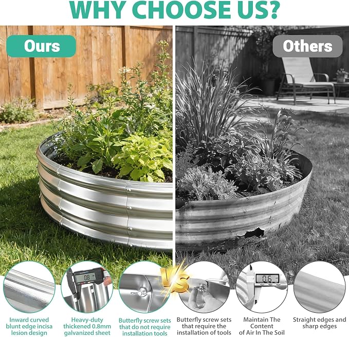 YSEJOMP 6FT Diameter Galvanized Garden Raised Bed/Plant Box/Fire Pit Ring-0.8mm Thick,12 Inch Tall,Crimped Edge and Corner,No Sharpe,Perfect for Plantings (Silver, 72 Dia X 11.5 inches)
