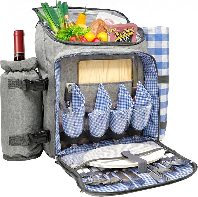 Nature Gear Picnic Backpack for 4, Insulated Picnic Set with Dinnerware, Wine Cooler, Blanket & Cutlery Service, Waterproof Outdoor Bag for Beach, Camping, Travel & Park, Blue