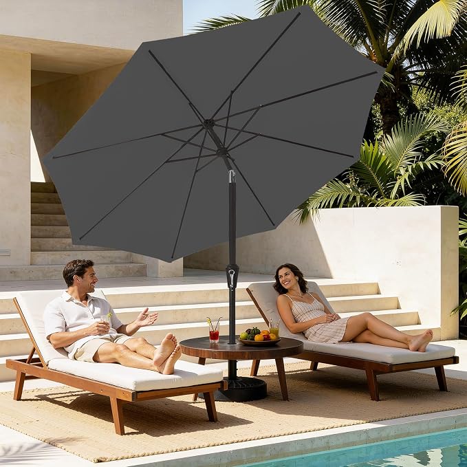 MEWAY 9ft Patio Umbrella Outdoor Table Umbrellas with Push Button Tilt and Crank, Market Umbrella 8 Sturdy Ribs for Deck, Garden, Pool and Backyard, Gray