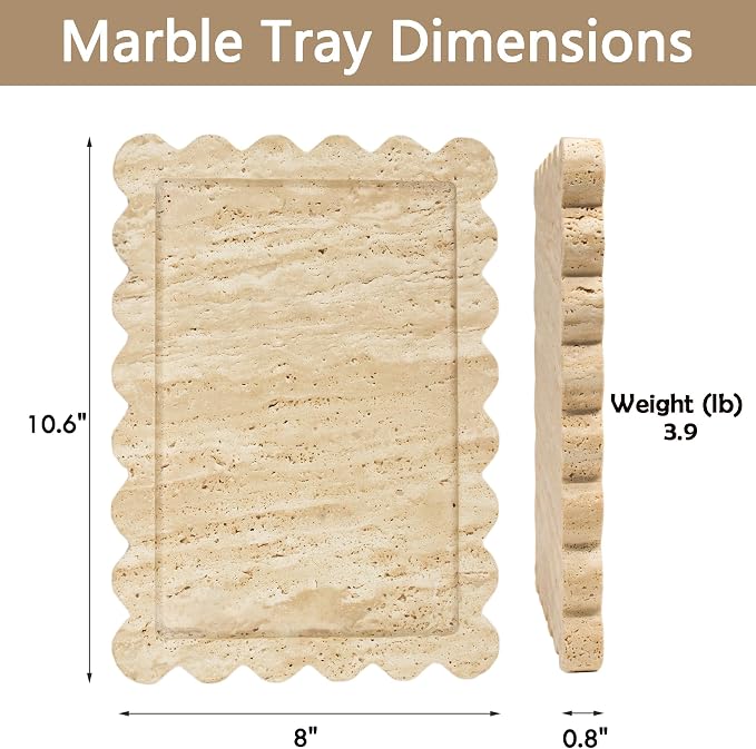 YMXYJM Genuine Travertine Scalloped Marble Tray, Real Natural Marble Stone Trays, Luxury Decorative Trays for Bathroom, Dresser, Vanity, Kitchen, Home Decor, 10.6" x 8", Travertine Beige