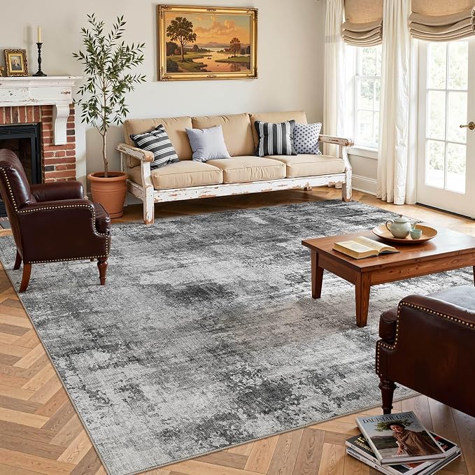 DMOYEST 10x12 Area Rug for Living Room Washable Abstract Indoor Carpet | Neutral Modern Low Pile Rugs Kid & Pet Friendly Large Soft Thin Carpet for Bedroom Dining Room and Office - Black