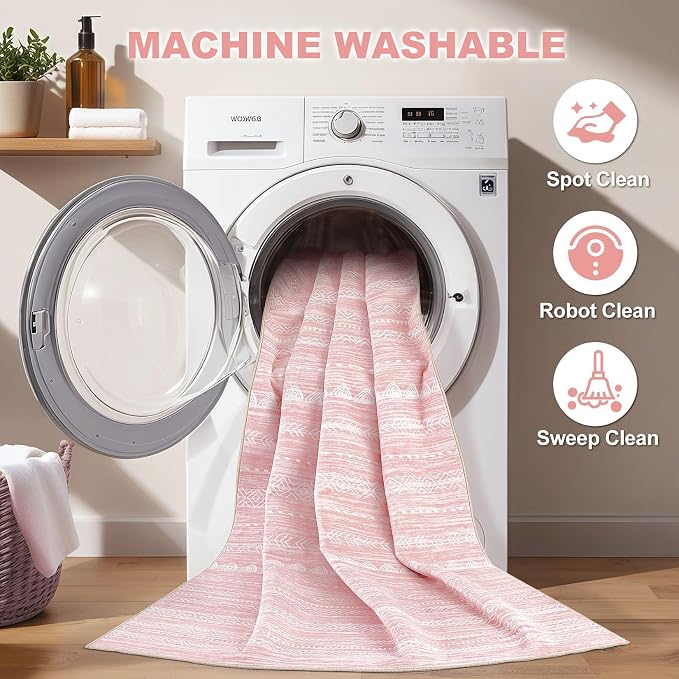 Nakagishi Boho 5x8 Area Rug Living Room Rugs Machine Washable Pink | Soft, Pet & Kid Friendly, Carpet for Living Room/Bedroom/Office/Kitchen/Nursery, Daily Home Decor Stain Resistant Moroccan