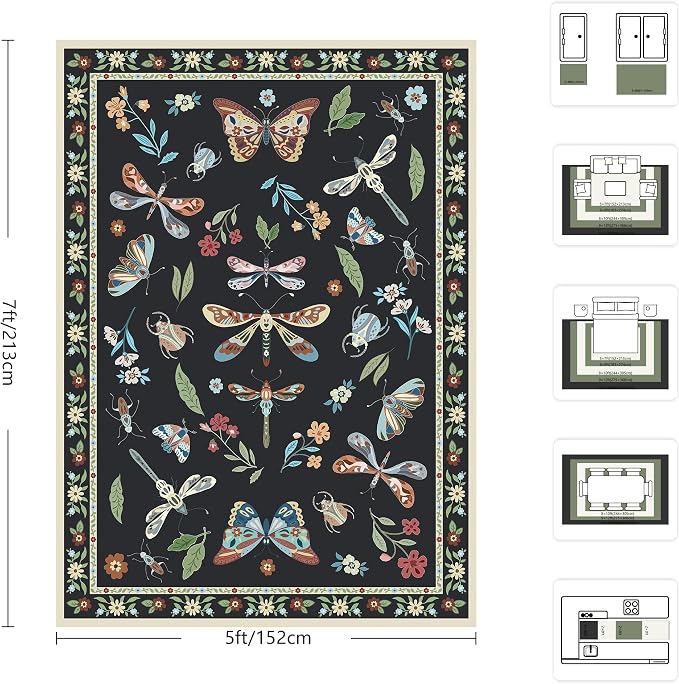 Area Rug 5x7, Insect Ultra Soft Washable Rug Non Slip with Rubber Back, Stain Resistant Rugs for Living Room, Bedroom, Dining Room(Dark Black Butterfly)