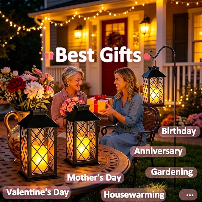 14" Large Solar Lanterns Outdoor Waterproof, Tempered Glass, Hanging Solar Lights with Flickering Flameless Candles, Retro Solar Lantern for Wall Porch Patio Table Garden Decorations, Black
