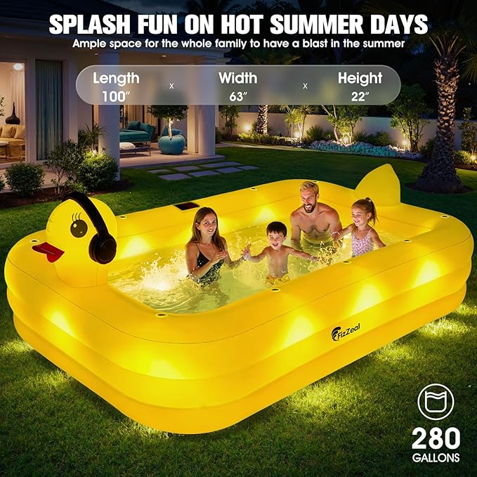 FizZeal Inflatable Pool with LED Lights,Solar Duck Inflatable Pool | 100*60*22 Thickened durable blow-up structure, suitable for kids, adults and family outdoor backyard water play