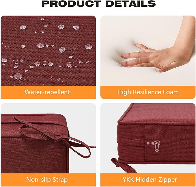 Unimatta Sunbrella Square Corner Seat Cushions, 18.5" x 16" x 3", Set of 4, Indoor Outdoor Water Repellent Universal Chair Pads with Ties for Patio Furniture, Garden Dining Chairs, Spectrum Brick