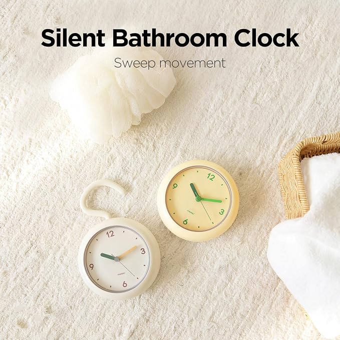 mooas Marshmallow Shower Bathroom Clock, Waterproof Shower Clock, Silent Non-Ticking Battery Operated with Stand, Hook, Suction, Bathroom Kitchen Shower Booth (Cream Yellow)