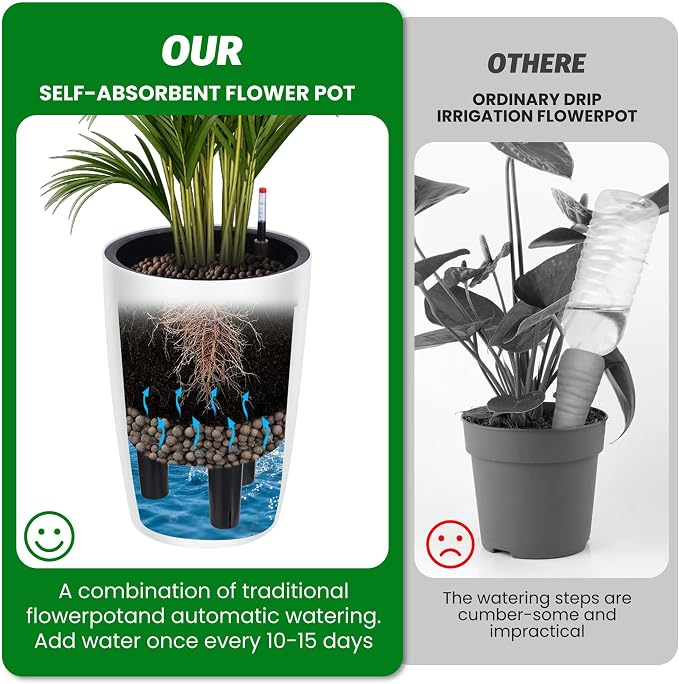 16" Tall Planter Set of 4, Self Watering Pots, Large Planter for Indoor Outdoor Plants, Built-in Drainage and a Water Level Monitor, Tall Planters for Patio, Porch, Living Room, Home Office, White