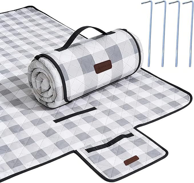 HX&OD Outdoor Picnic Blanket, Extra Large, 80''x80'' Waterproof Foldable Blankets Gingham Picnic Mat for Beach, Camping Grass Lawn Park Accessories Cute Couple Ideas Wedding (Gray, 80”x80”)