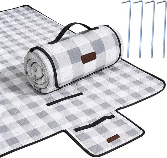 HX&OD Outdoor Picnic Blanket, Extra Large, 80''x80'' Waterproof Foldable Blankets Gingham Picnic Mat for Beach, Camping Grass Lawn Park Accessories Cute Couple Ideas Wedding (Gray, 80”x80”)