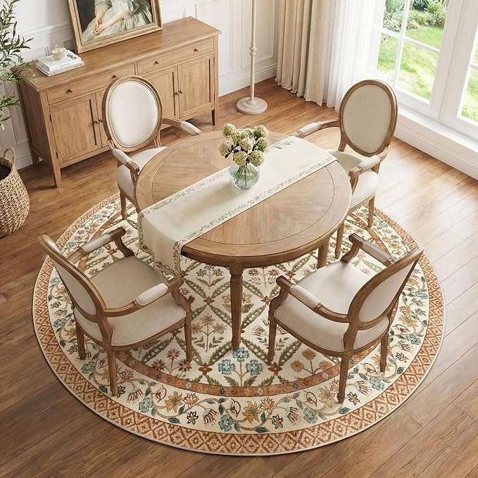 jinchan Round Rug 7ft Vintage Floral Washable Circle Area Rug, Terracotta | Soft & Lightweight, Checkered Floral, Low Pile, Non Slip, Dining Room, Living Room, Bedroom, Girls Room, Kids Room Decor